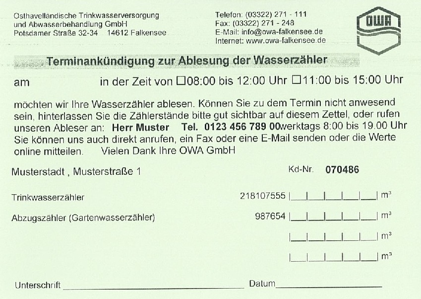 Beispiel: Ablesekarte